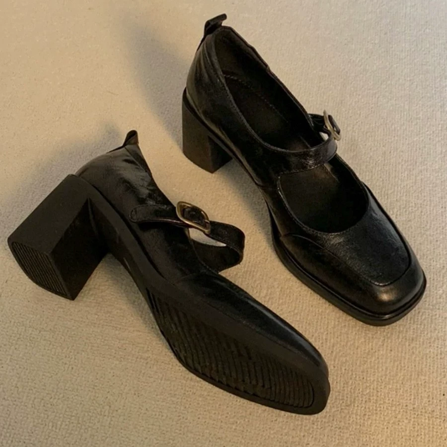 Couro Macio Retro Coreano Salto Mary Jane Feminino Bico Quadrado Preto