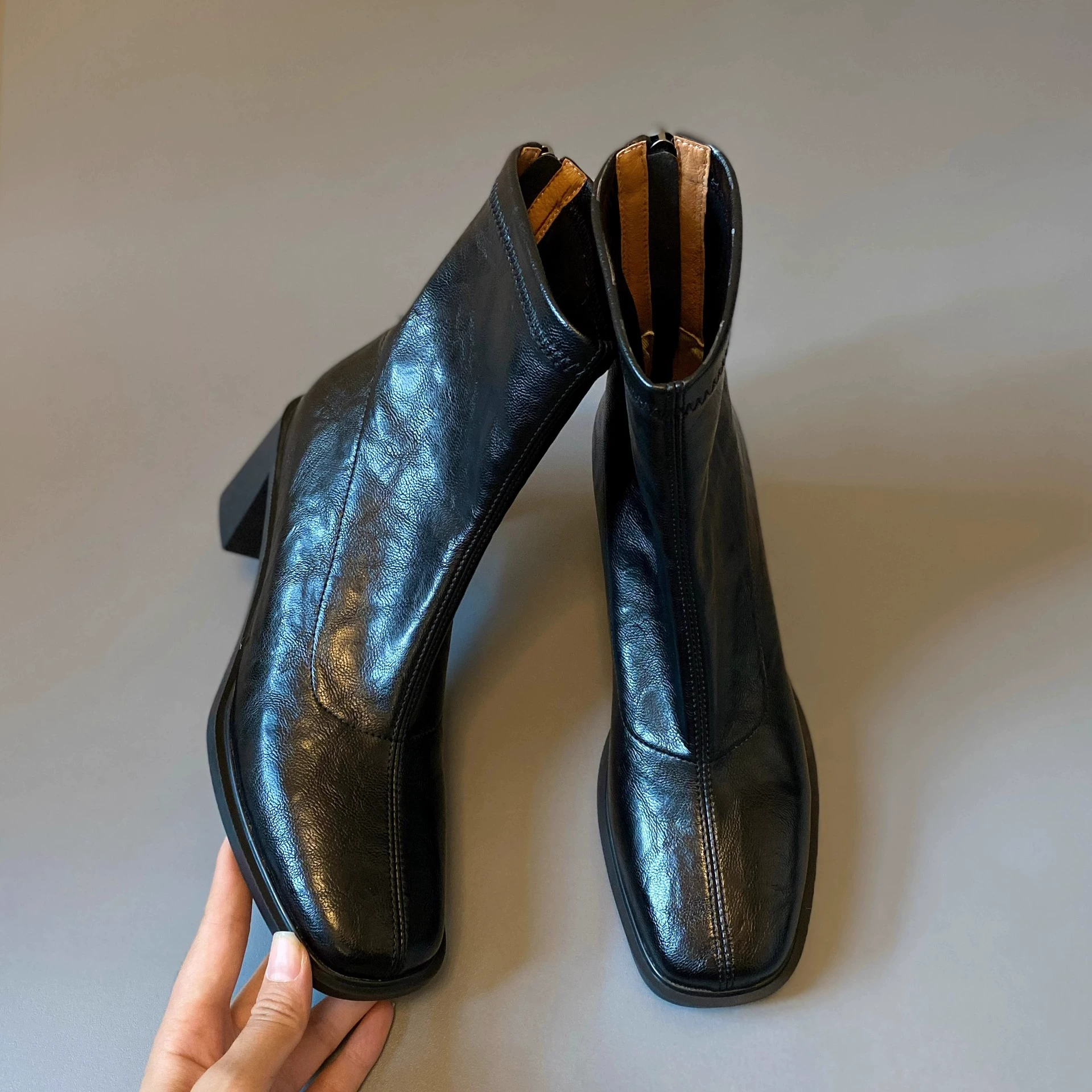 Botas de Cano Curto Salto Alto Femininas Bico Quadrado Martin Salto Chunky Fino