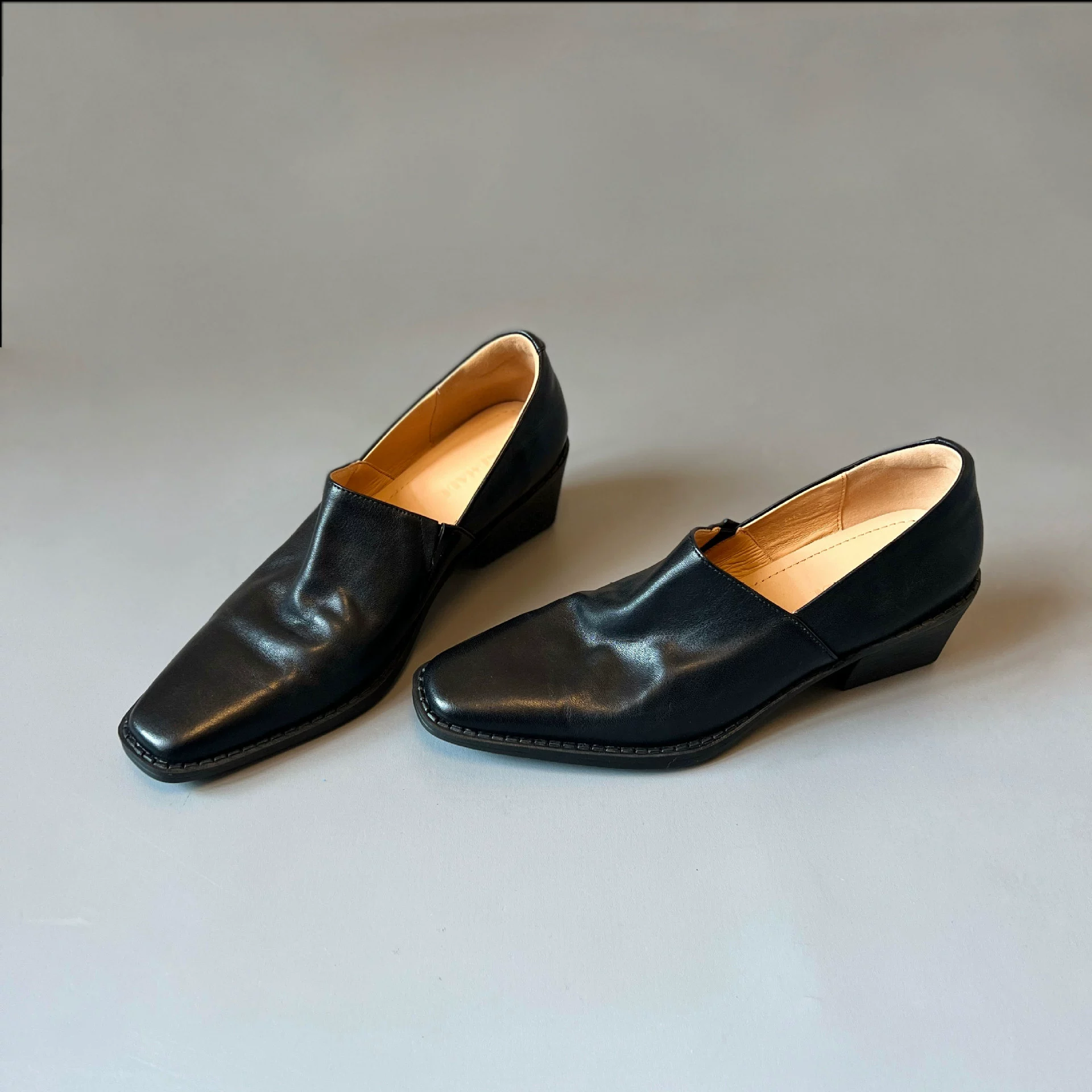 Cool Chic Mocassins Femininos Bico Quadrado Salto Chunky Couro Slip-on