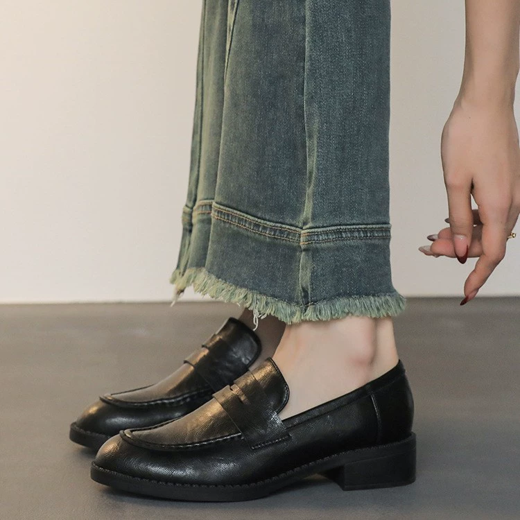 Retro Couro Legítimo Mocassins Slip-on Femininos Salto Baixo Britânico Casual
