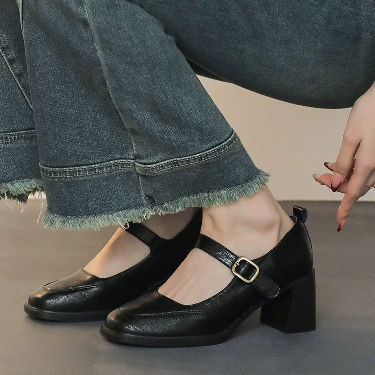 Sapatos Mary Jane Salto Chunky Femininos Primavera Novo Bico Quadrado Tira Salto Alto