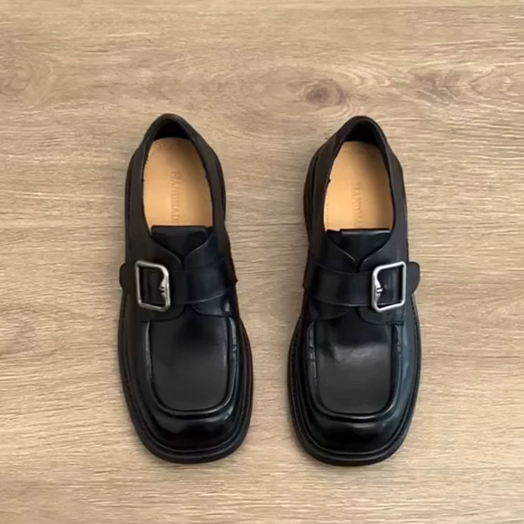British Chunky Heel Square Toe Women's Loafers Autumn Winter Thick Sole