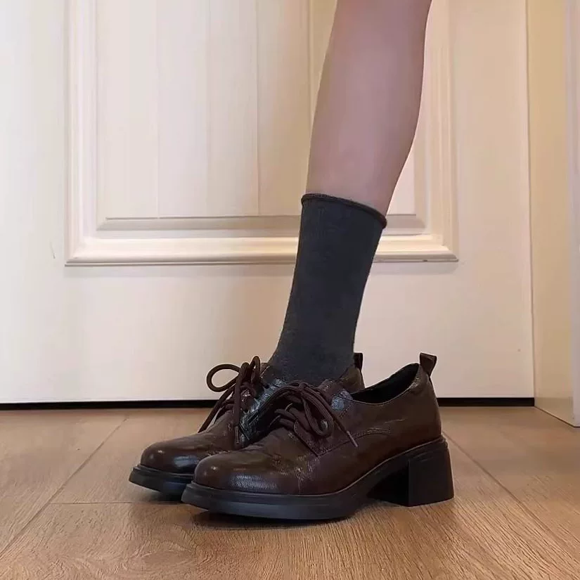 Salto Chunky Sola Grossa Mocassins Retro Femininos 2026 Primavera Bico Redondo Cadarço