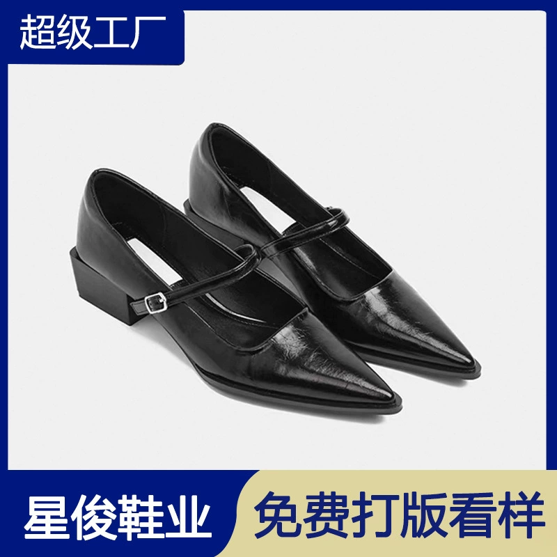 Sapatos Mary Jane Franceses Bico Fino com Fivela para Mulheres 2026 Primavera Sapatilhas Bailarina Retrô Couro Macio Salto Grosso