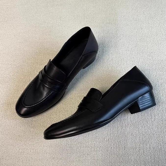 Britânico Retro Mocassins Femininos Slip-on Simples Salto Chunky Bico Redondo