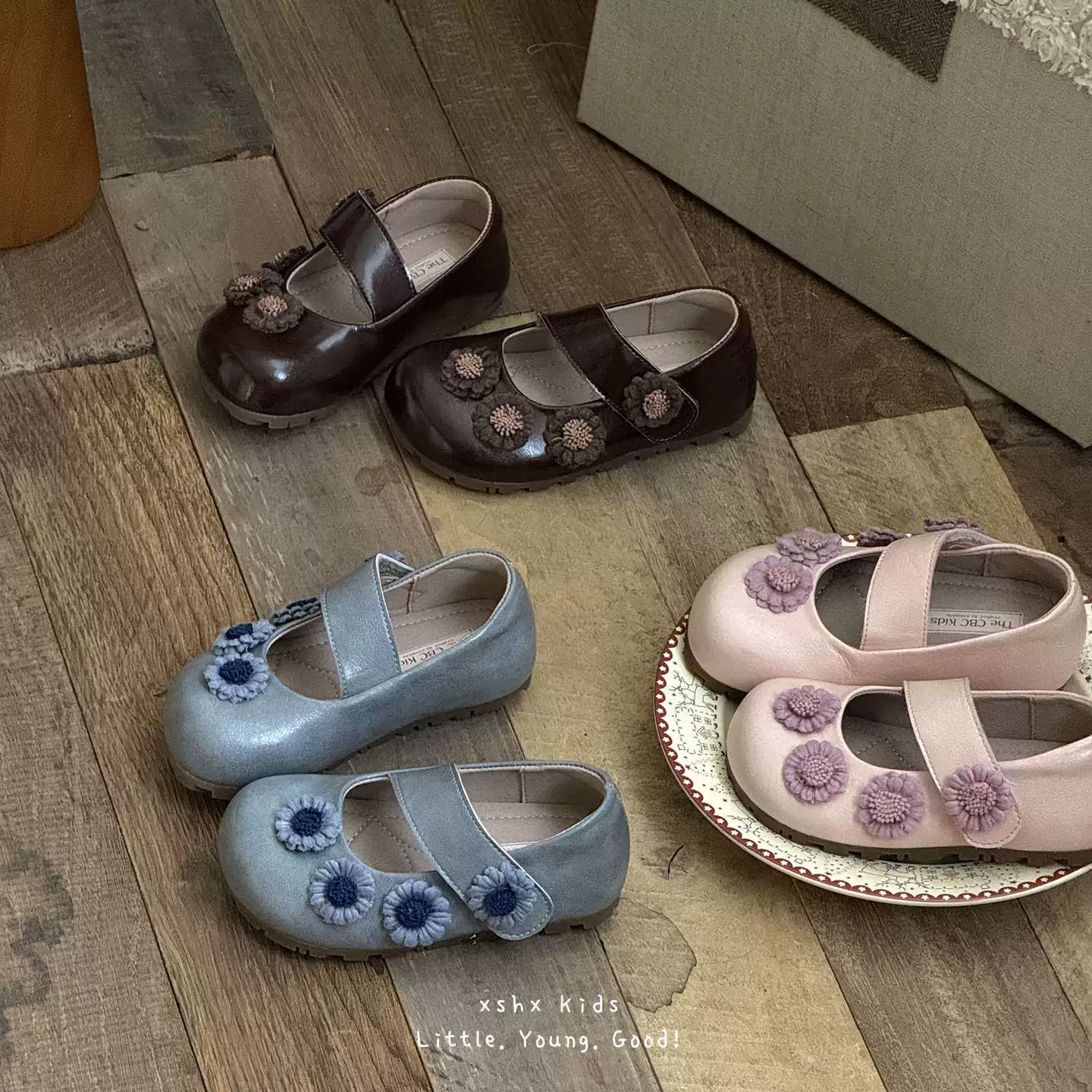 XSHX Chaussures Mary Jane en cuir Vintage Floral pour princesses, scratch, antidérapantes