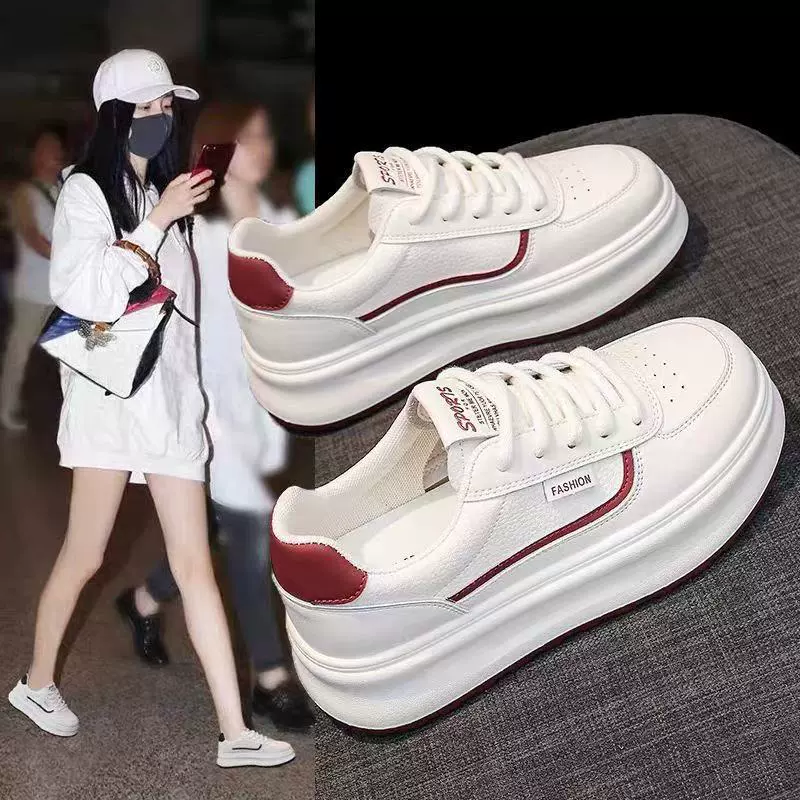 Sapatos Brancos Femininos Primavera, Sola Grossa Coreano Ins Aumento de Altura Casual