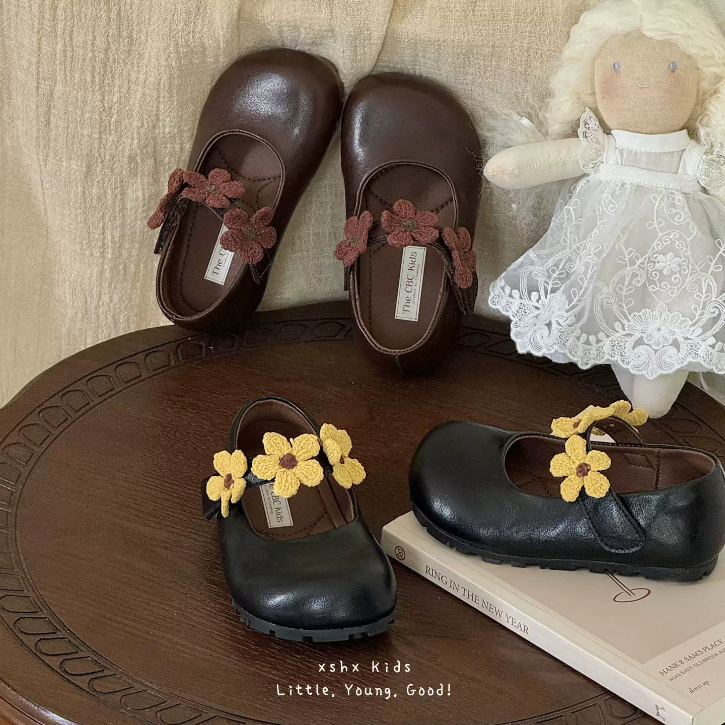 أحذية XHSX Little Flower للبنات جلدية ماري جين فينتج بسيطة قابلة للتنفس وناعمة مقاومة للانزلاق