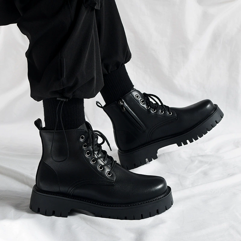 Men's Spring New British Leather Shoes Martin Boots Motorcycle Side Zipper Thick Sole Short Boots