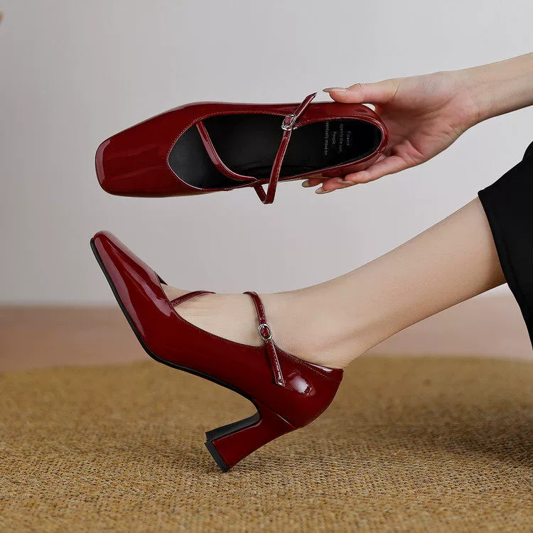 Women's Wine Red Patent Leather Square Toe Chunky Heel Mary Jane Pumps for Spring 2026