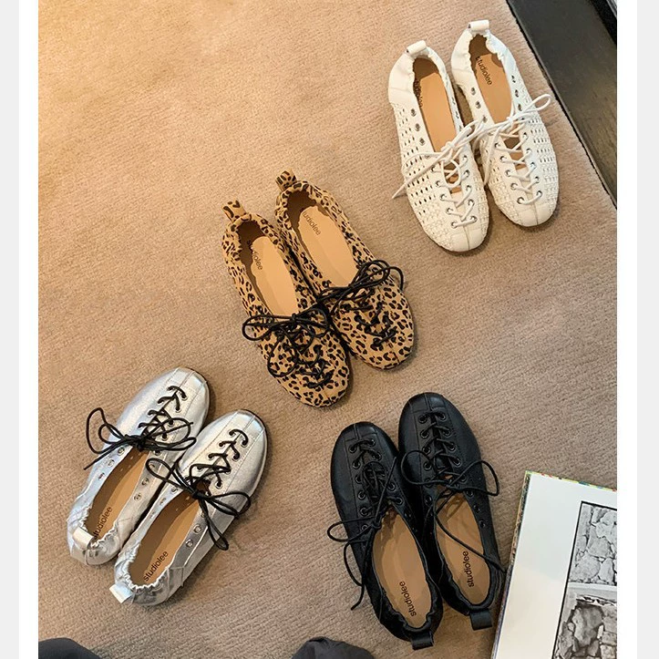 Sapatilhas Bailarina Trançadas Francesas, Sapatos Baixos em Couro com Elástico para Primavera