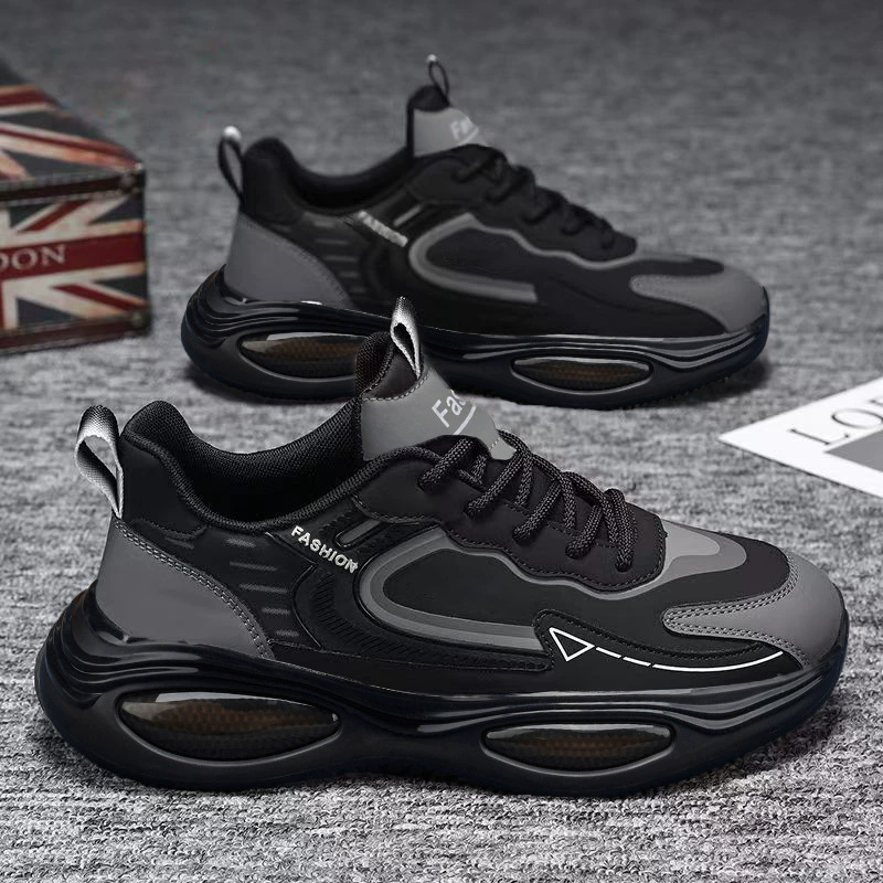 Herren 2026 Frühling Air-Cushion-Leder-Laufschuhe, schwarz, wasserdicht, Freizeit