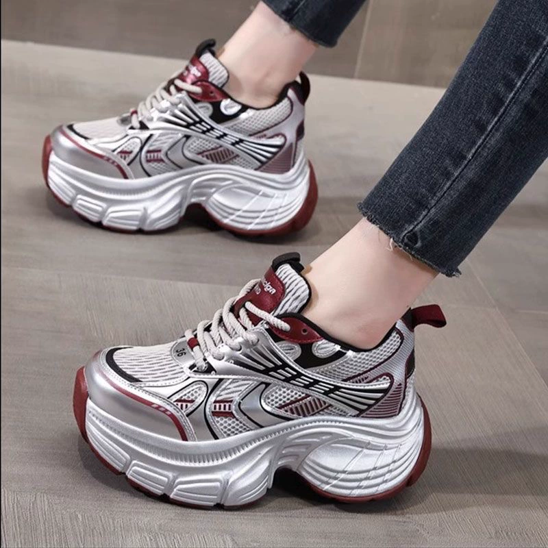 Tênis Chunky Femininos Primavera, Sola Grossa Aumento de Altura Coreano Moda Casual