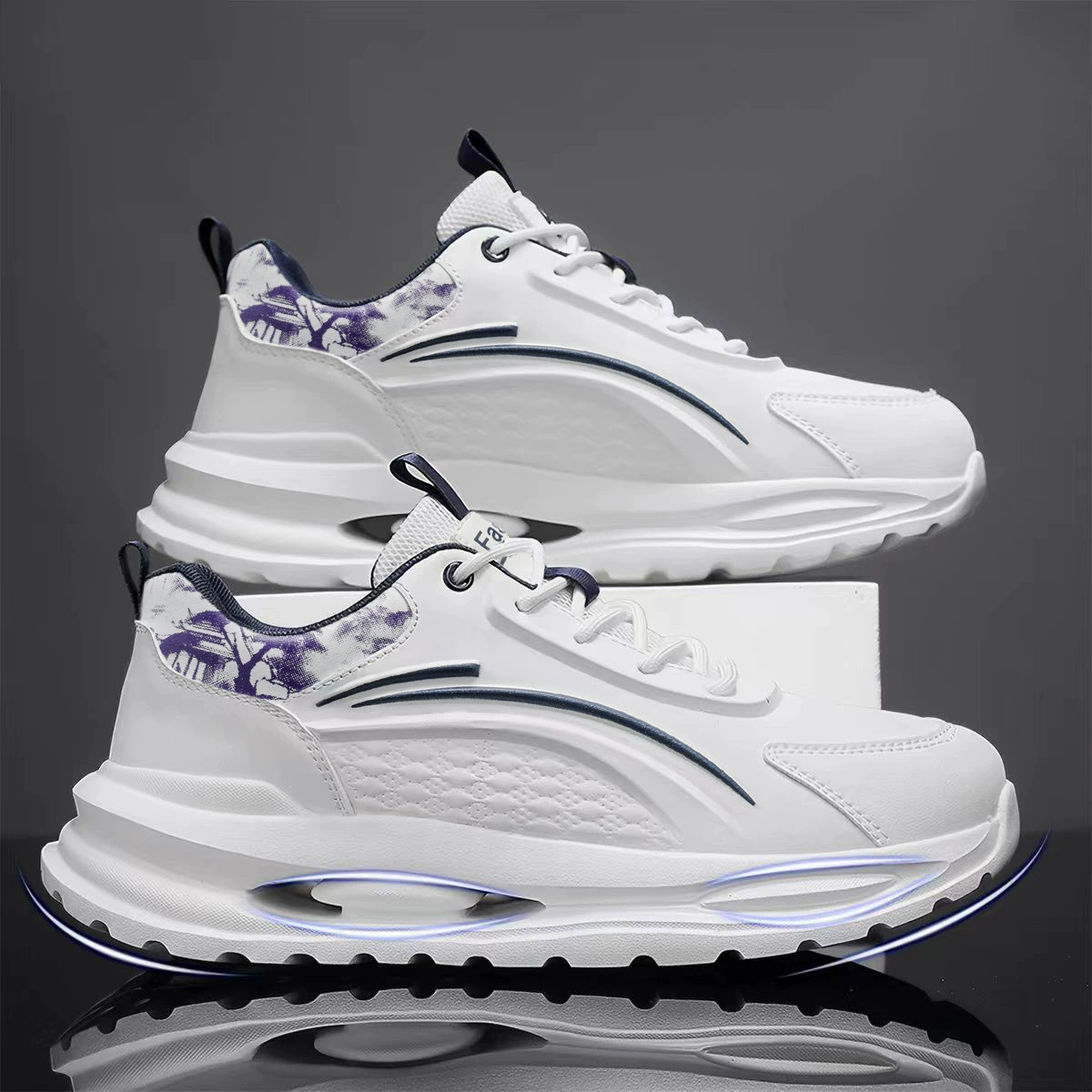 Herren Frühling Atmungsaktive Leder-Laufschuhe, dämpfend, leicht, weiße Dad-Sneaker