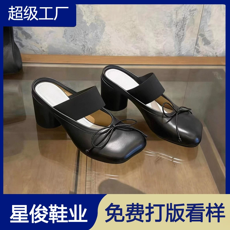 Damen Vintage Apple Head Schleife Chunky Absatz Mules 2026 Sommer offene Zehen Schuhe