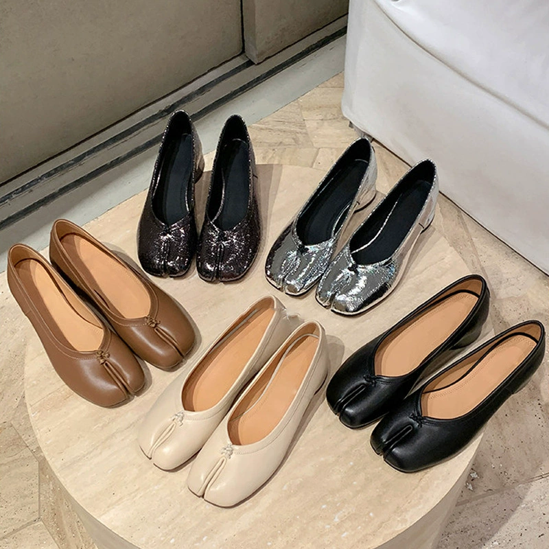 Sapatilhas Bailarina Bico Fendido Couro Macio Estilo Coreano Casual