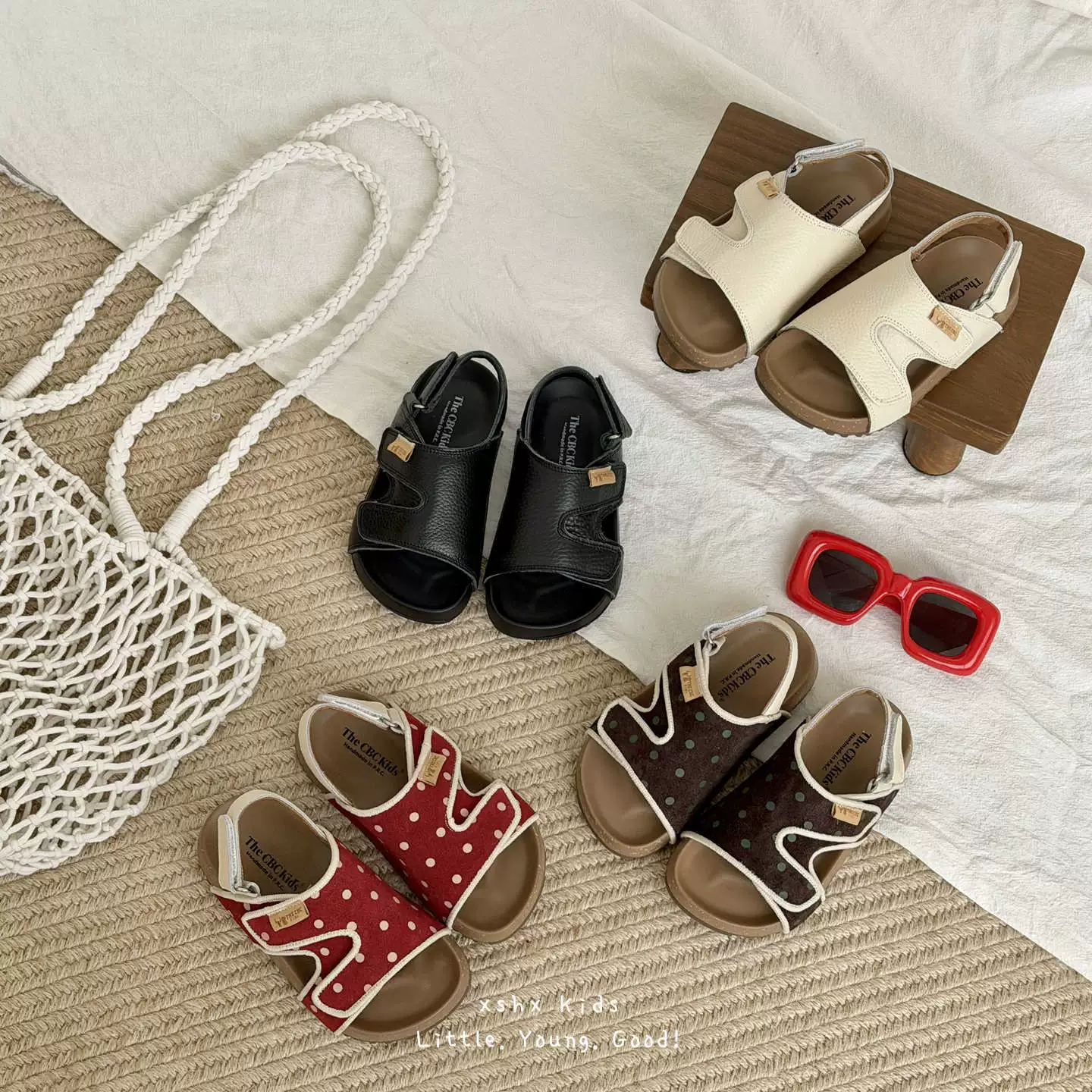 XSHX Claquettes en cuir de vache bordeaux rétro pour enfants, à pois, garçons et filles, texture cuir, printemps-été