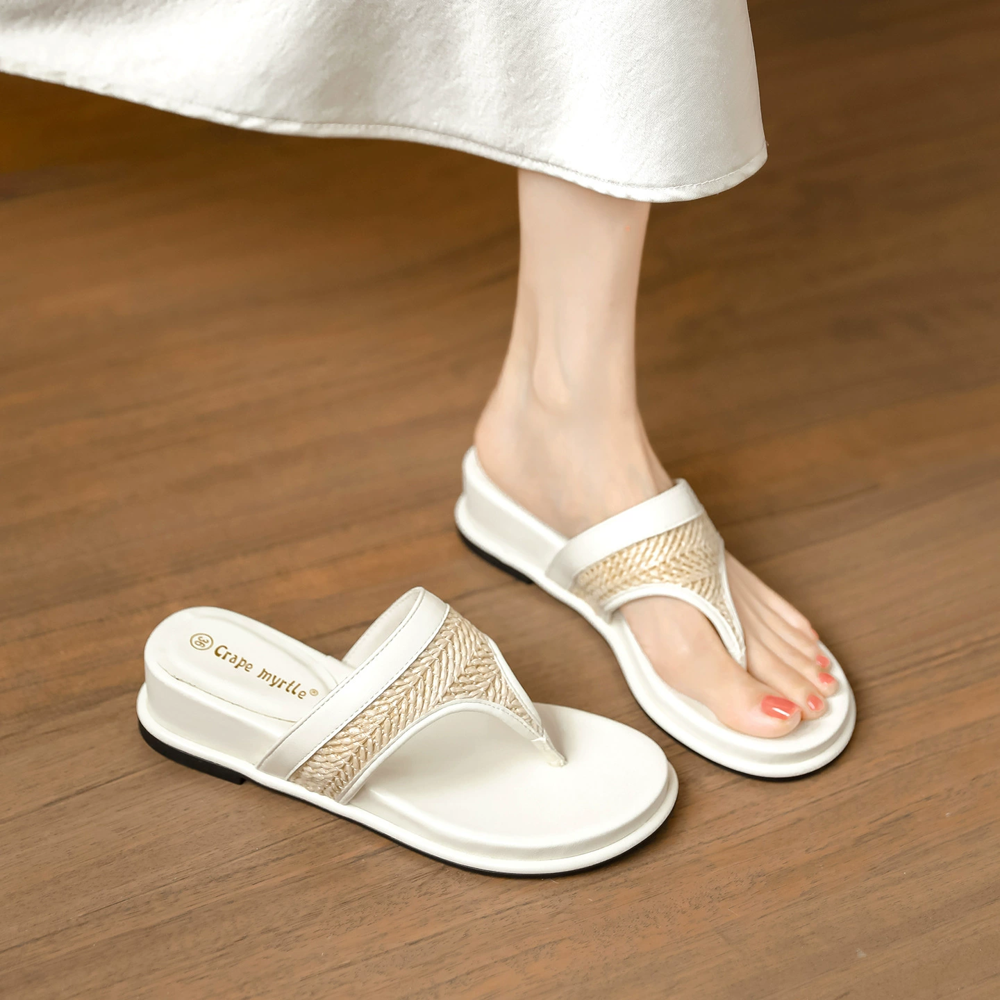 Sandalias de verano con tacón de cuña de 5 cm, tejidas de paja, anillo para dedo, para vacaciones y playa