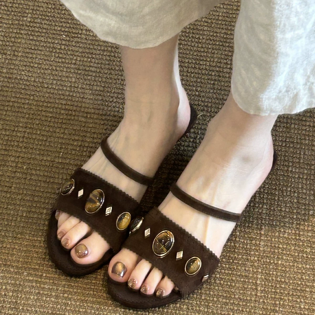 Sandalias de cuña de terciopelo retro, tacón bajo, suela suave, cómodas