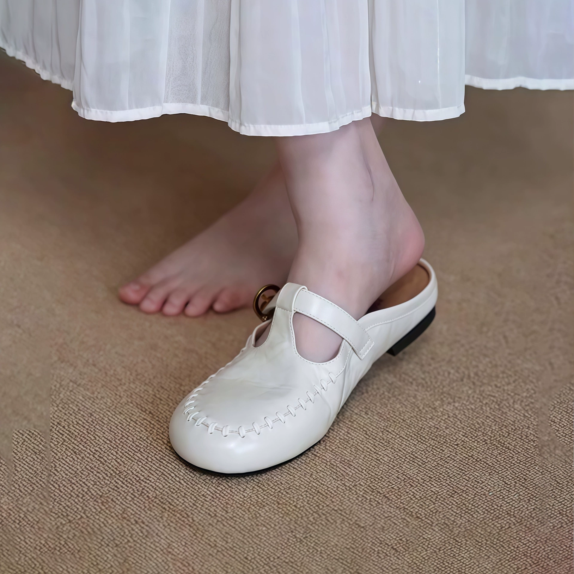 Chuyuji Francesas Chanclas Planas con Hebilla de Cinturón Punta Cerrada Mujer Exterior Cómodas Mules