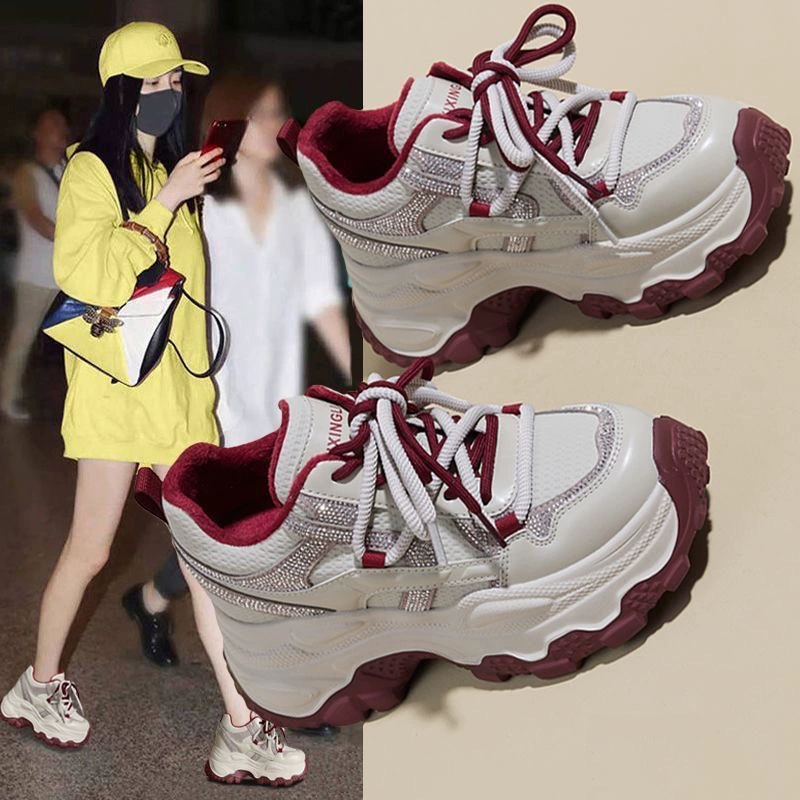2026 primavera otoño mujer zapatillas dad que aumentan altura, transpirables con pedrería suela gruesa casual