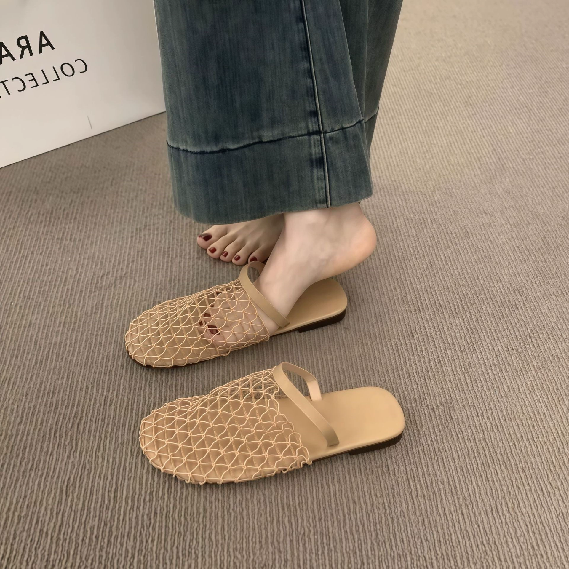 Chuyuji Дизайнерские мюли с закрытым носком из сетки, женские, для улицы, slip-on, дышащие, полые, плоские