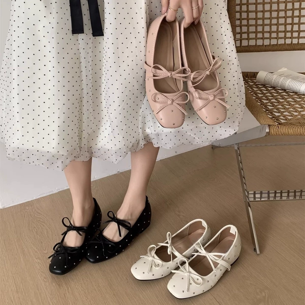 Chuyuji Zapatos Mary Jane Retro con Remaches para Mujer, con Altura Interior, Lazo de Ballet, de una Pieza