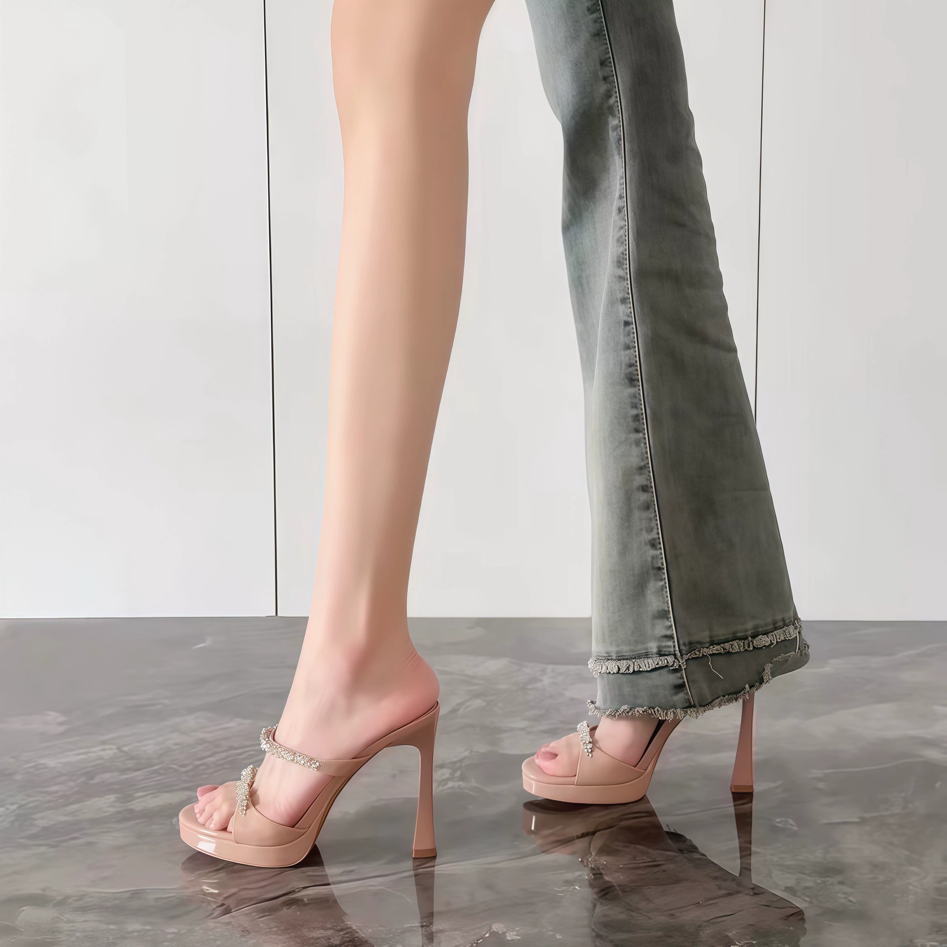 Sandalias de mujer cómodas con plataforma, verano 2026, pedrería, slides sexys, nude, tacón alto