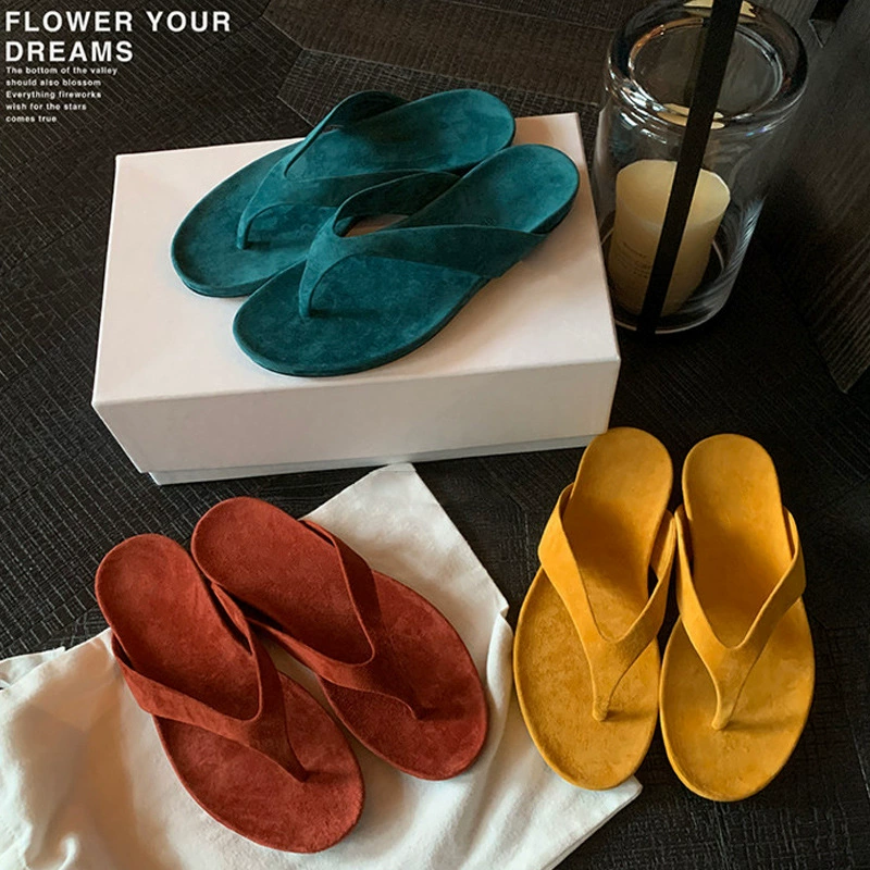 Chanclas de playa planas de verano, anillo para dedo, gamuza, simples, cómodas
