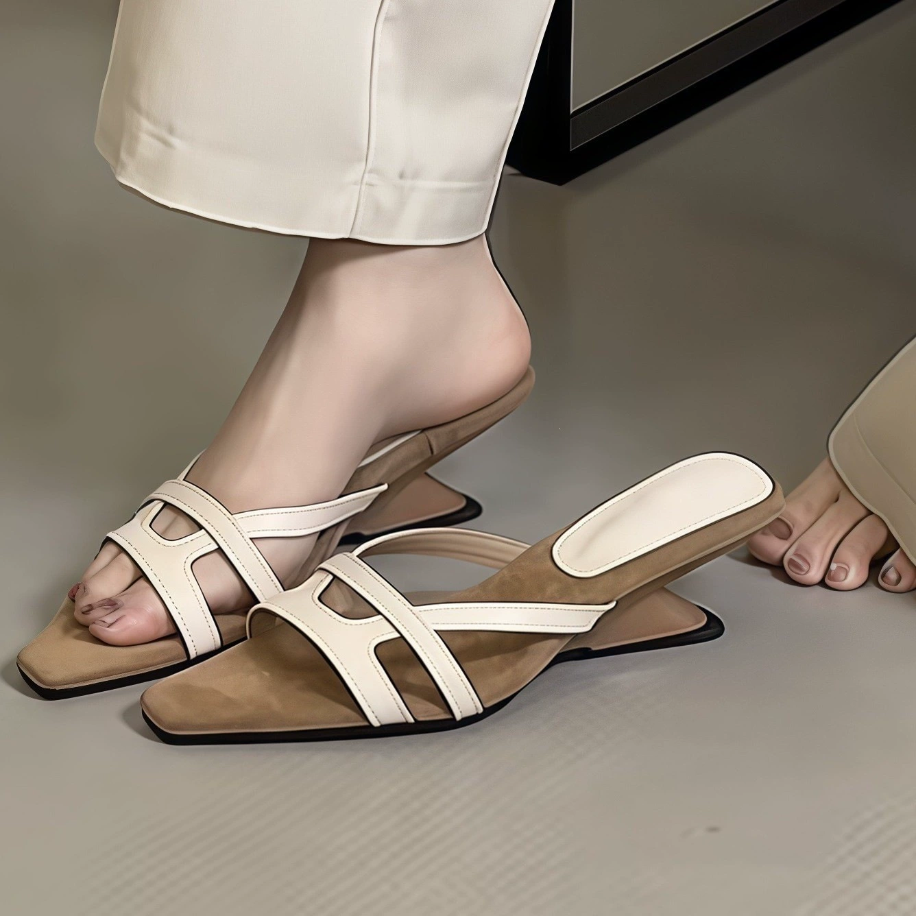 Damen Französisch Retro Spitze Keil Slides Sommer Mode Einriemen High Heel