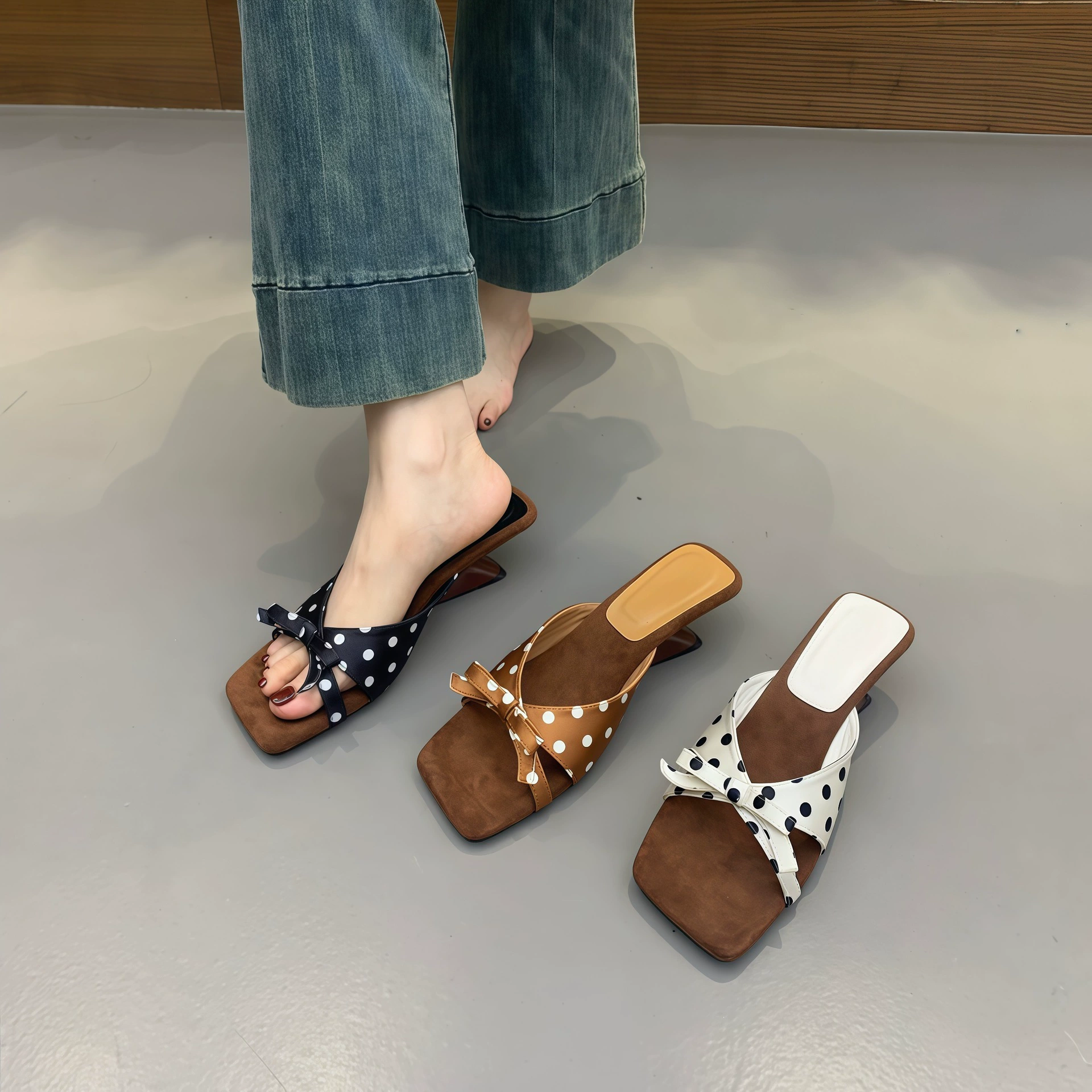 Sandalias de cuña con lazo y lunares francesas para mujer, vacaciones verano 2026