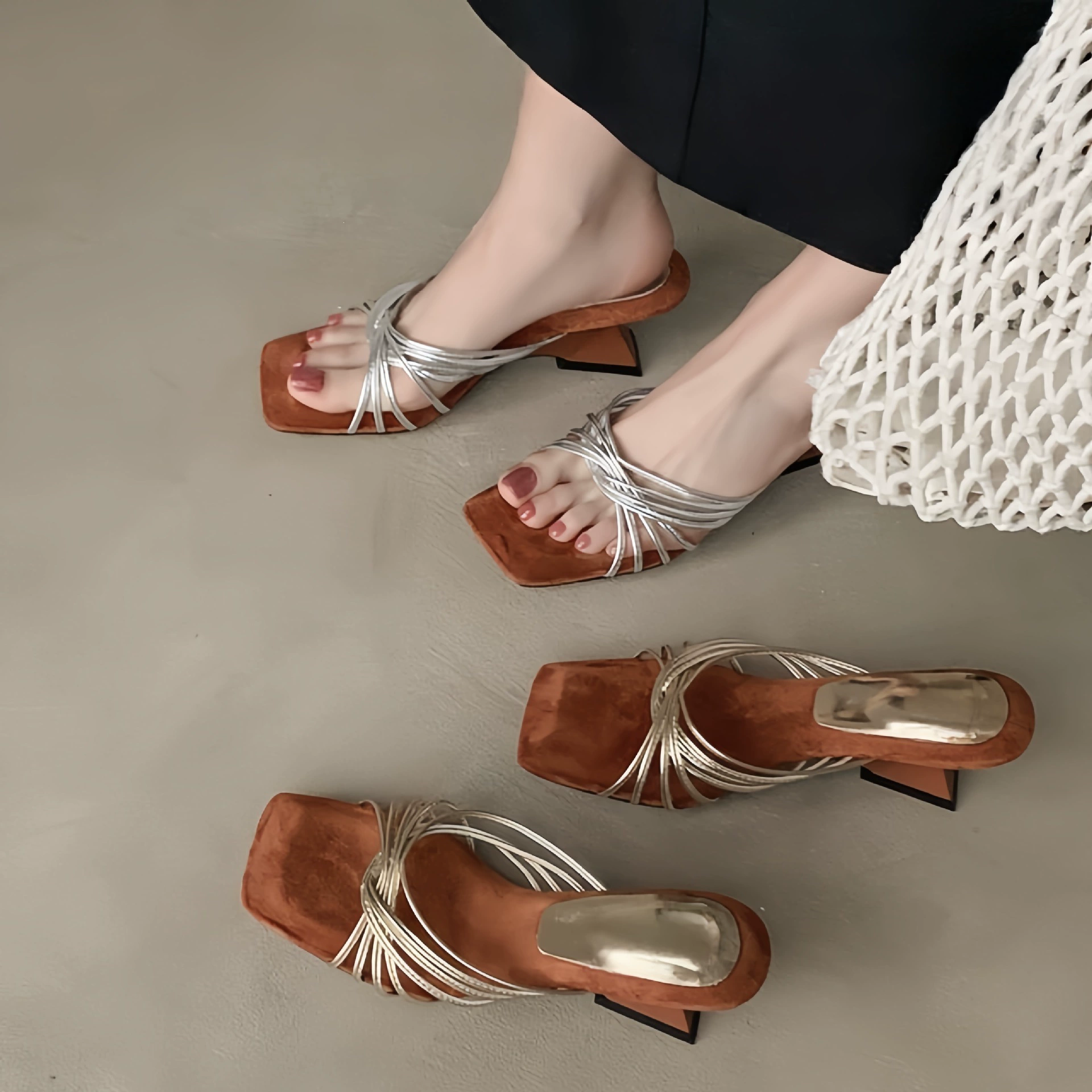 Sandalias de tira con lunares de cuña francesas para mujer, tacón alto sexy verano