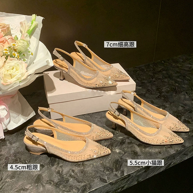 Mules de pedrería y malla de verano, hada, brillantes, sin espalda, tacón alto
