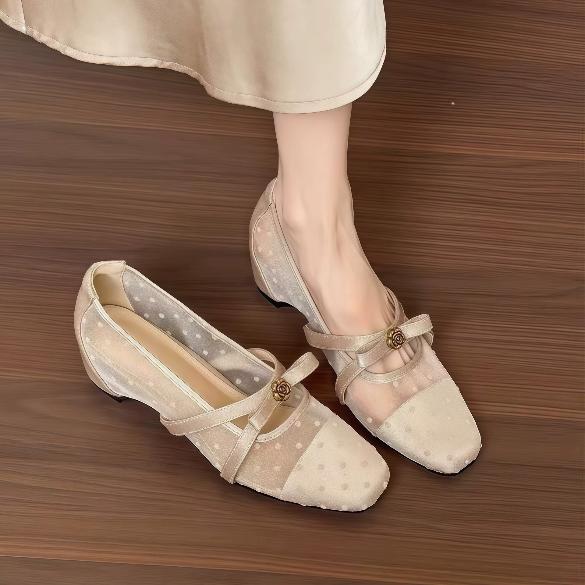 Chuyuji Sandalias de malla de punta cuadrada de 5 cm para mujer, verano 2026, lazo cómodo