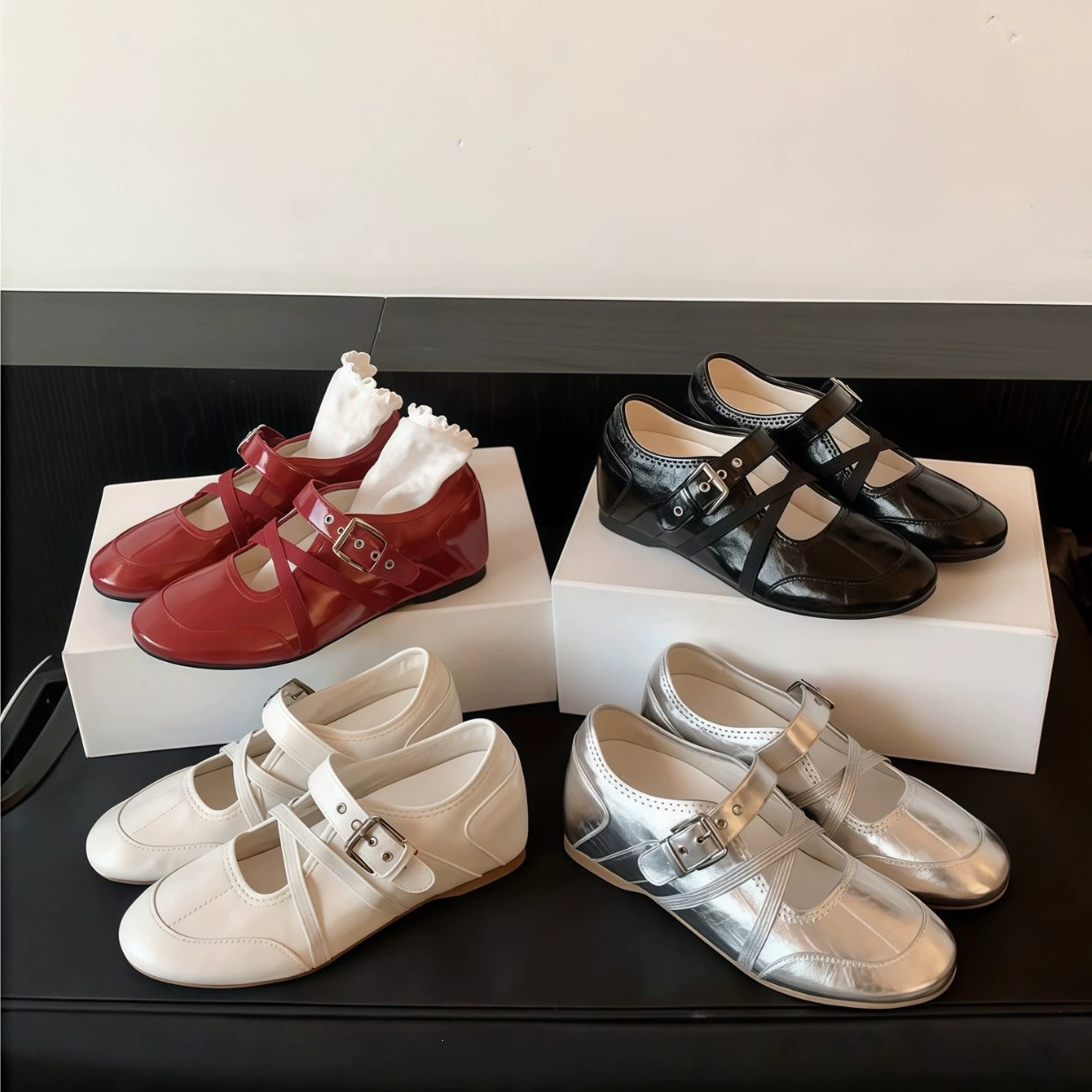 Chuyuji Chaussures Mary Jane ballet pour femme, hauteur intérieure, brides croisées, baskets décontractées