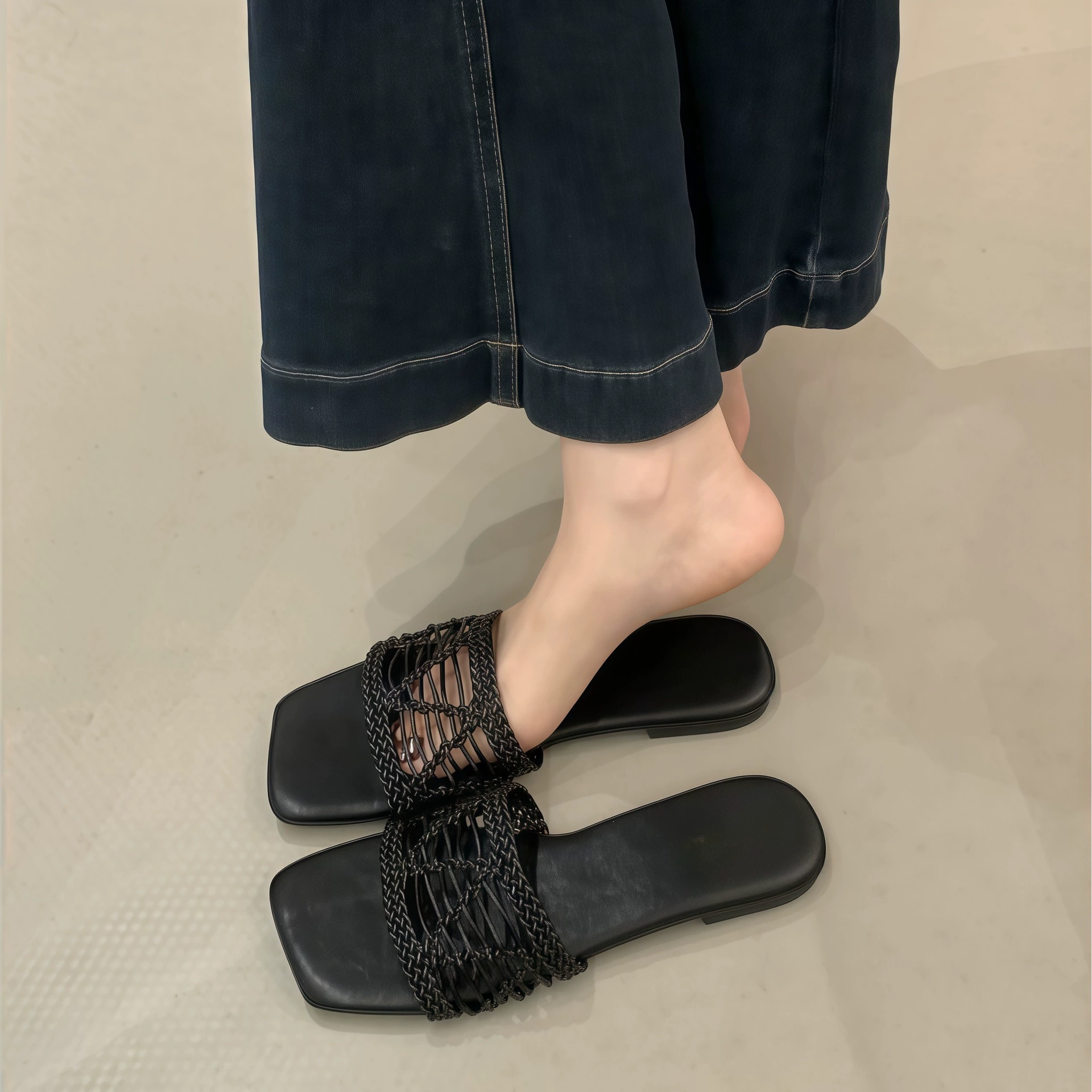 Sandalias planas romanas tejidas retro para mujer, punta abierta, estilo vacacional, verano