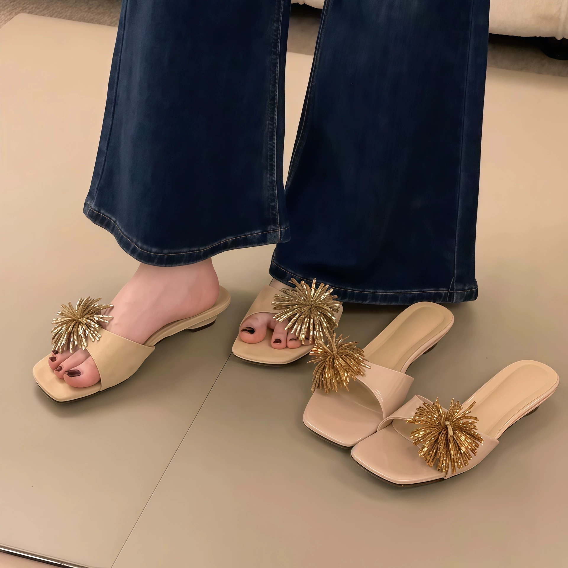 Sandalias de tacón bajo con pedrería y punta abierta para mujer, estilo vacacional, verano 2026