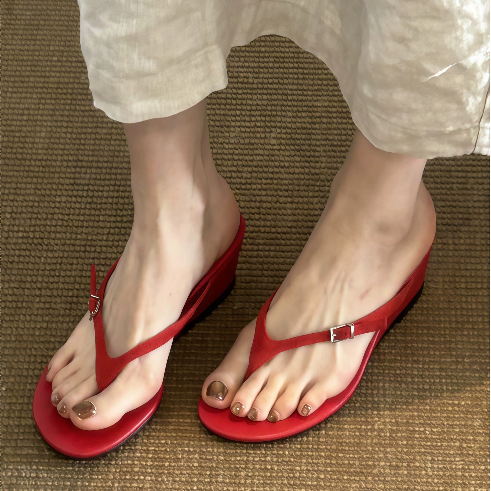 Sandalias casuales retro de tacón medio con tira de hebilla roja y punta abierta para mujer, verano