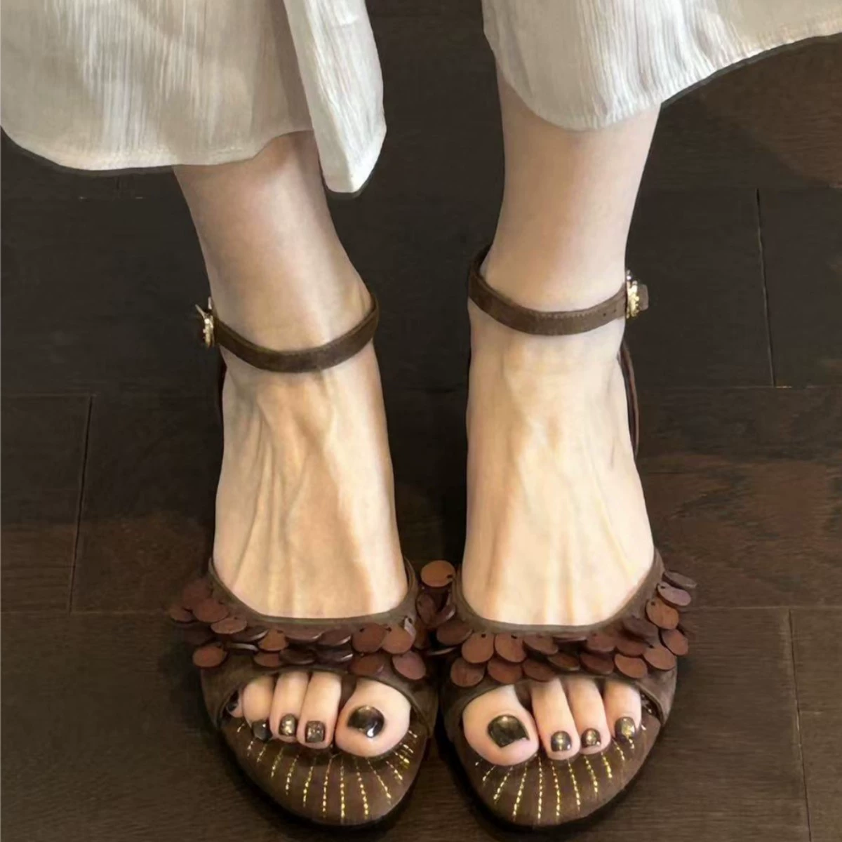 Sandalias Italianas Clásicas con Lentejuelas Punta Abierta para Mujer, Verano Nuevo Tacón Kitten Zapatos de Oficina