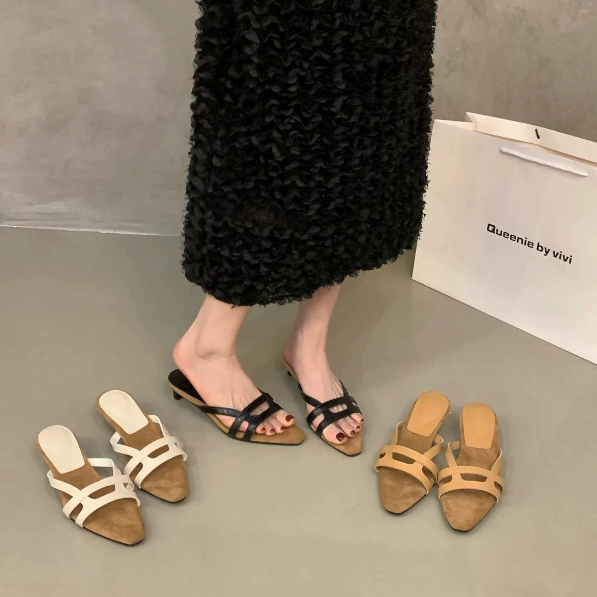 Sandalias de tacón grueso tipo slide francesas para mujer, zapatos casuales para vestir en verano