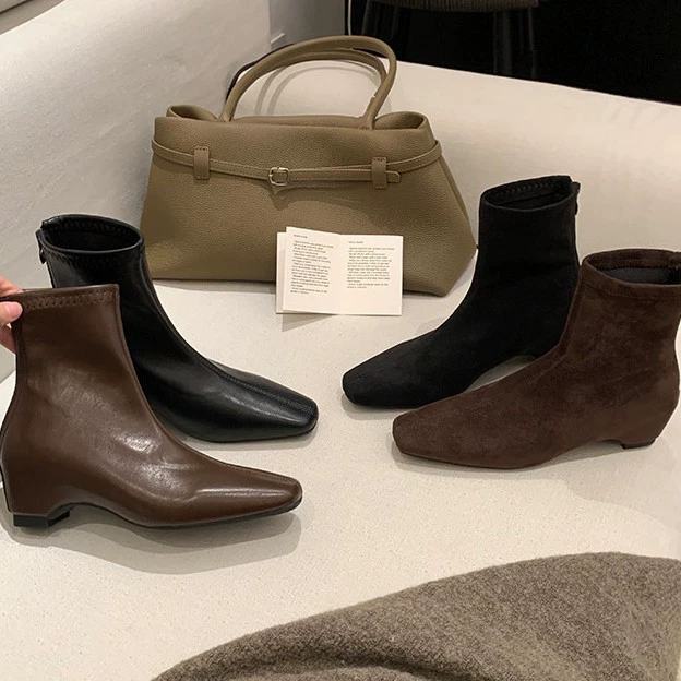 Grape Mom Autumn Winter New 6cm Hidden Wedge Square Toe Chunky Boots for Women 2026