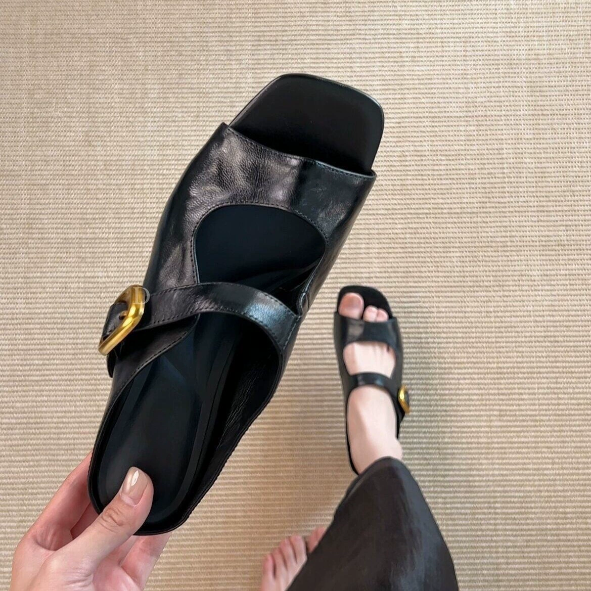 Sandalias slide con hebilla metálica francesas para mujer, antideslizantes casuales