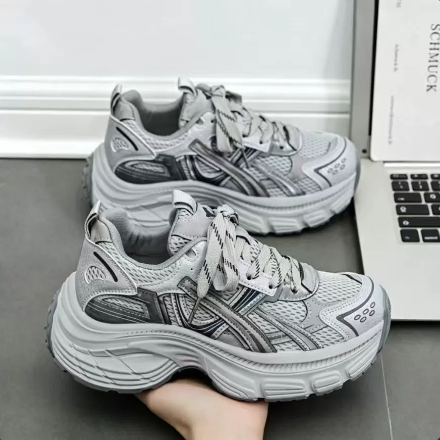 Herbst Damen Atmungsaktive Mesh Sneaker, Koreanischer Style Höhenverstellbare Dicke Sohle Dad Freizeitschuhe