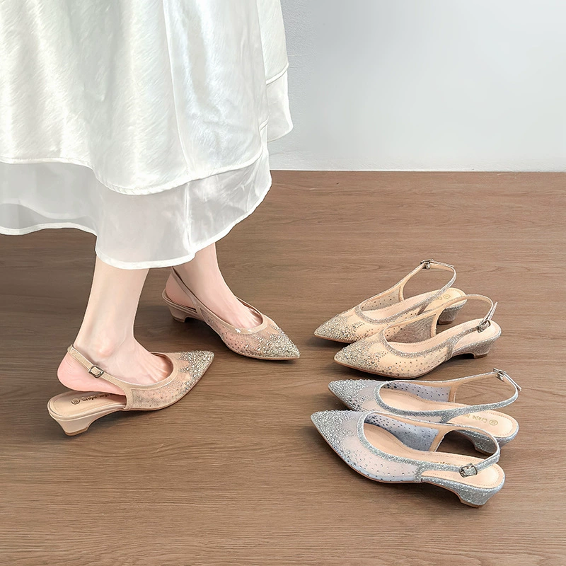 Sandalias Cerradas de Malla Cristal para Mujer, Tacón Cuña Brillante Zapatos de Verano Sin Espalda