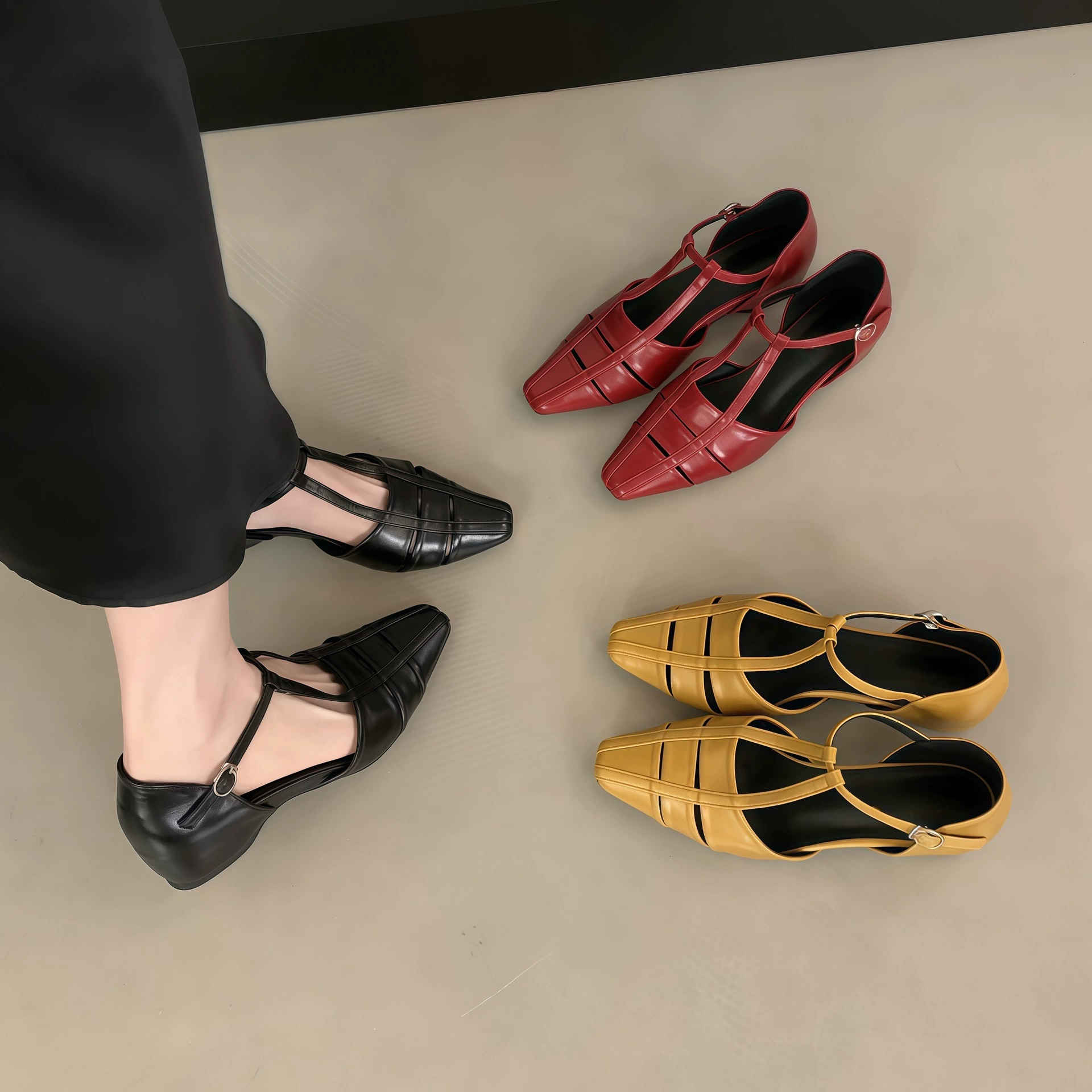 Chuyuji French Hidden Wedge Retro Cutout Sandals, Square Toe T Strap