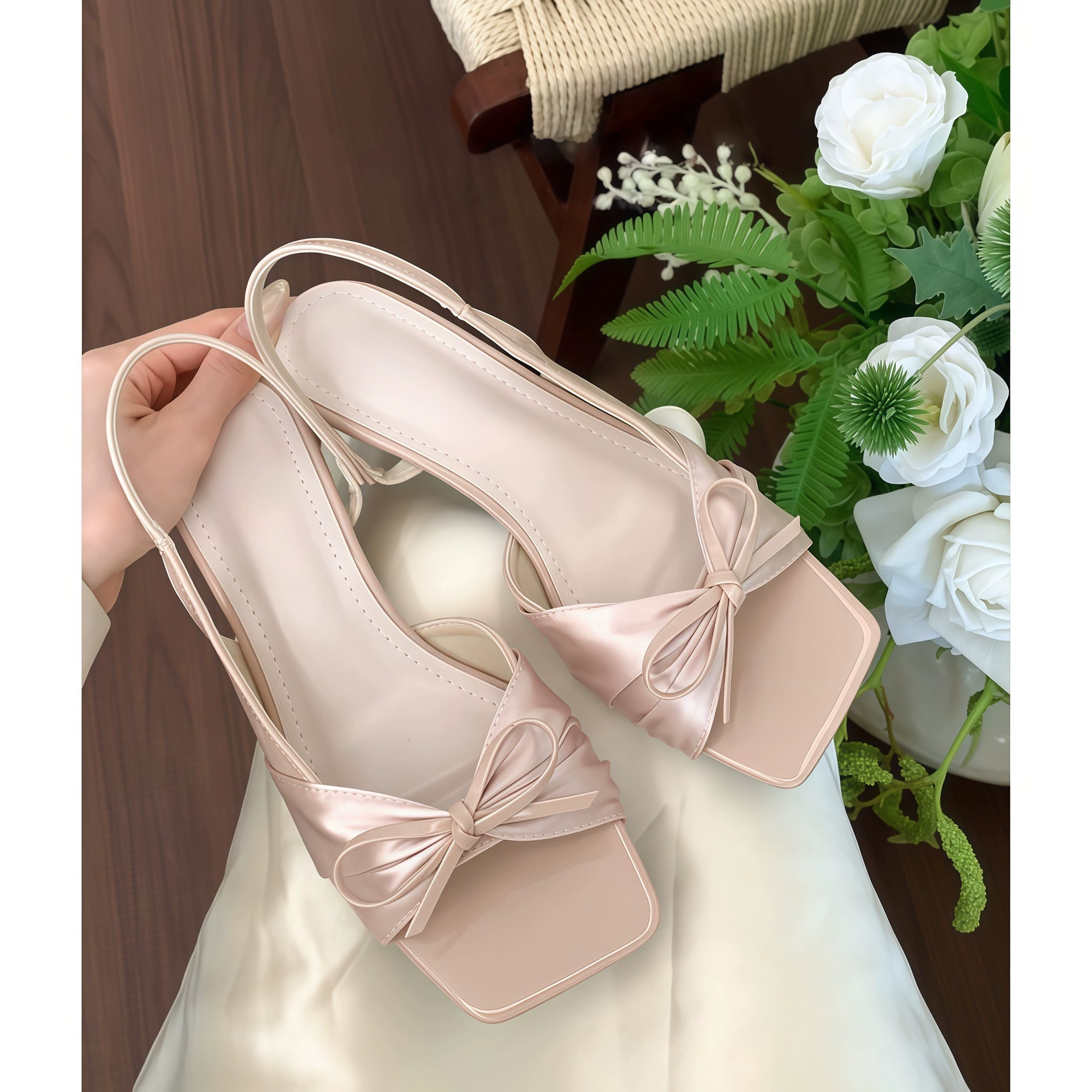 Chuyuji Pink Satin Bow Sandals for Women, Sweet Side Cutout Peep Toe