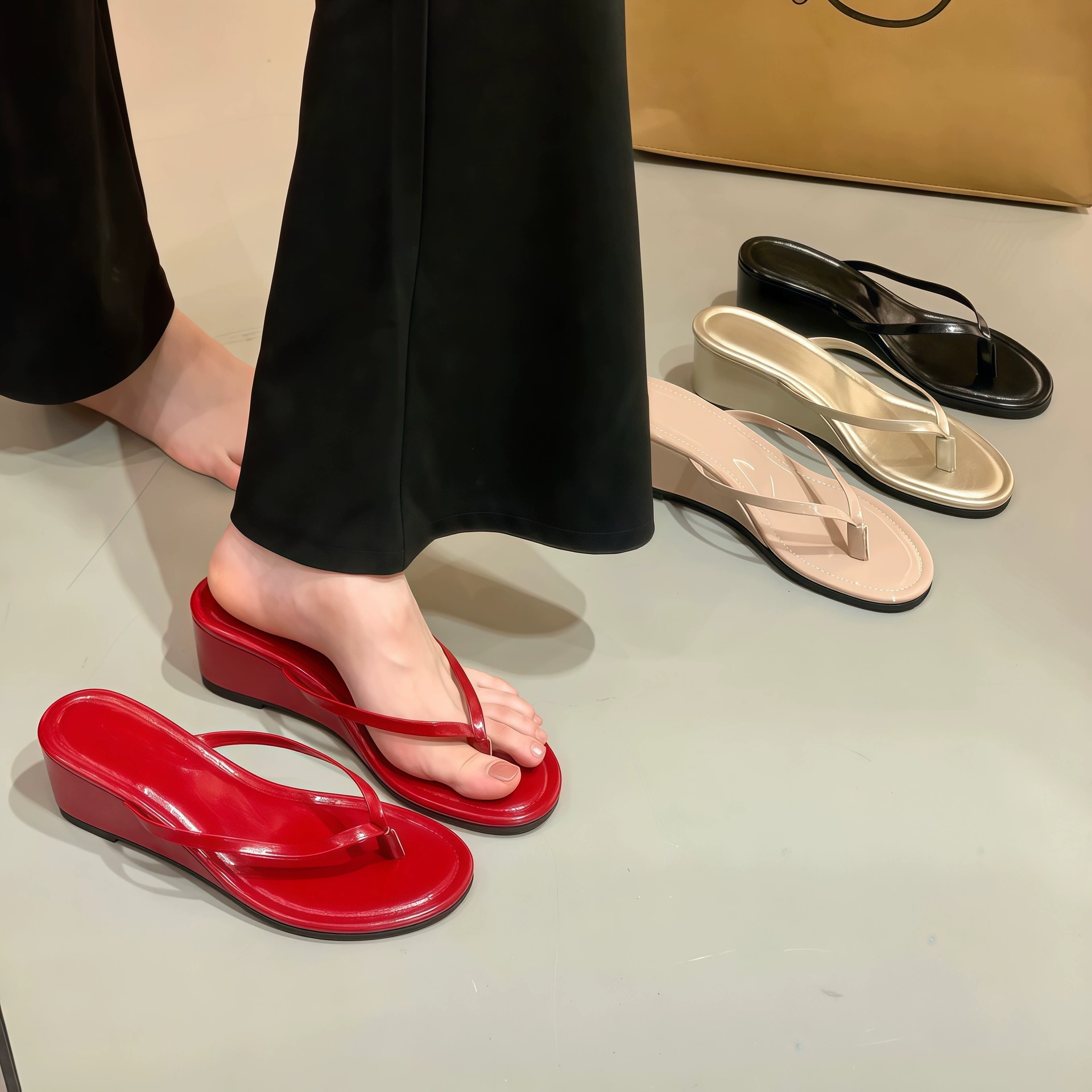 Chuyuji Wedge Heel Red Strap Flip Flops for Women, Summer Beach Sandals