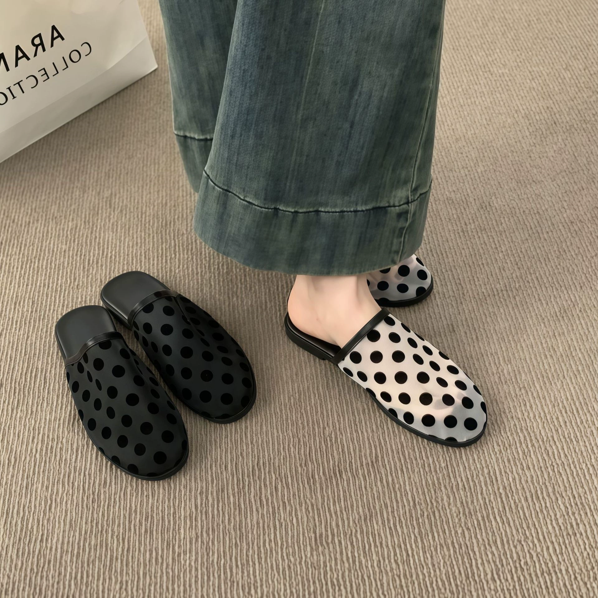 Chuyuji Retro Flat Mules with Mesh Polka Dot, Spring Summer Casual Shoes