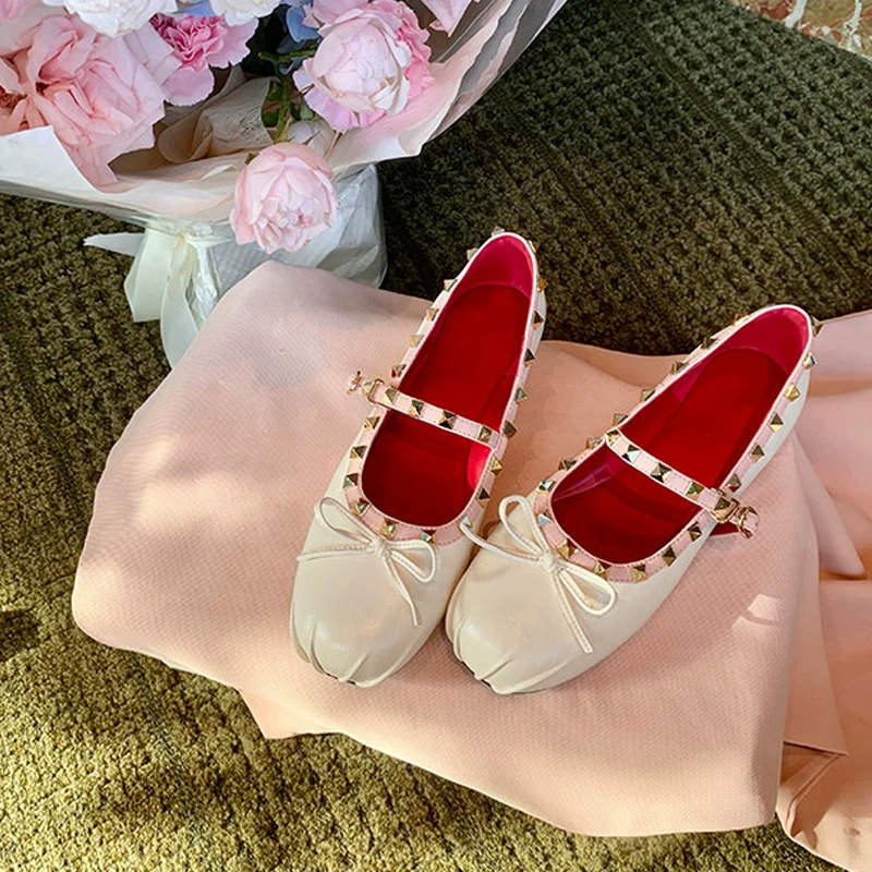 Summer New Rivet Ballet Pleated Round Toe Low Heel Bow Mary Jane Flats