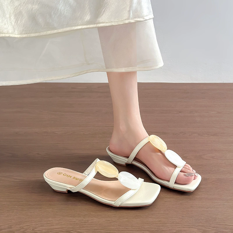 Piel Suave 3cm Tacón Grueso Romana Concha Hebilla Punta Cuadrada Doble Tira Sandalias Mujer
